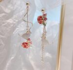 Elegant Rose Floral Asymmetrical Long Drop Earrings for Women Gold Tone Pearl Beaded Statement Jewellery for Party, Wedding, Festive and Romantic Looks - Image 2
