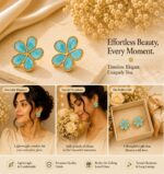 Elegant Aqua Blue Floral Stud Earrings for Women, Gold Tone Five Petal Flower Design with Artistic Swirl Pattern, Stylish Lightweight Fashion Jewellery for Party, Festive, Office and Casual Wear - Image 5