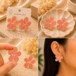 Elegant Pink Flower Stud Earrings for Women, Gold Tone Five Petal Floral Earrings with Glossy Enamel Finish, Stylish Fashion Jewellery for Party, Office, Festive and Everyday Wear - Image 5