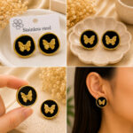 Elegant Black Butterfly Stud Earrings for Women, Gold Tone Round Earrings with Glossy Finish, Cute Fashion Jewellery for Party, Office, Festive and Everyday Wear - Image 2