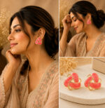 Elegant Coral Pink Enamel Statement Stud Earrings for Women, Gold Tone Geometric Floral Design Earrings, Trendy Fashion Jewellery for Party, Office, Festive and Everyday Wear - Image 4