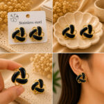 Elegant Black Enamel Geometric Stud Earrings for Women, Gold Tone Contemporary Statement Earrings, Stylish Fashion Jewellery for Party, Office, Festive and Everyday Wear - Image 6