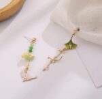 Elegant Green Ginkgo Leaf Asymmetrical Drop Earrings for Women Gold Tone Pearl Beaded Nature Inspired Statement Jewellery for Party and Festive Wear - Image 6