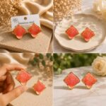 Elegant Coral Pink Enamel Square Stud Earrings for Women, Gold Tone Geometric Statement Design, Stylish Stainless Steel Fashion Jewellery for Party, Office, Festive and Everyday Wear - Image 5