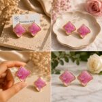 Elegant Pink Enamel Square Stud Earrings for Women, Gold Tone Geometric Design with Marbled Finish, Stylish Stainless Steel Fashion Jewellery for Party, Office, Festive and Everyday Wear - Image 5
