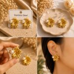 Elegant Gold Tone Flower Stud Earrings for Women with Pearl Detail, Floral Statement Design, Stainless Steel Fashion Jewellery, Stylish Party Wear Earrings for Girls, Festive and Everyday Outfits - Image 5