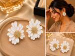Elegant White Floral Statement Stud Earrings for Women and Girls, Gold Tone Layered Flower Earrings with Intricate Beaded Center and Glossy White Enamel Finish, Stylish Jewellery for Party, Wedding, Festive and Everyday Wear - Image 2