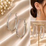 Elegant Silver Tone Oval Hoop Earrings for Women and Girls, Double Layered Hoops with Delicate Beaded Edge Detailing, Stylish Minimalist Statement Earrings for Party, Wedding, Festive, Office and Everyday Wear - Image 6