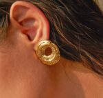 Elegant Gold Tone Textured Open Circle Stud Earrings for Women Ribbed Geometric Statement Jewellery for Party Wedding Festive and Everyday Wear - Image 5