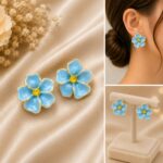 Elegant Blue Floral Stud Earrings for Women, Gold Tone Enamel Flower Earrings with Glossy Blue Petals and Sparkling Yellow Center, Cute Trendy Fashion Jewellery for Party and Daily Wear - Image 6