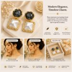 Elegant Black and White Square Drop Earrings for Women, Dual-Tone Geometric Design with Glossy Marble Effect Stones and Gold Tone Border, Trendy Fashion Jewellery for Party and Daily Wear - Image 6