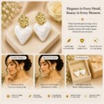 Elegant White Heart Drop Earrings for Women, Glossy Marble Effect Heart Design with Textured Gold Tone Floral Studs, Romantic Trendy Fashion Jewellery for Party, Festive and Daily Wear - Image 6