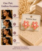 Pink Flower Stud Earrings for Women Gold Tone Floral Design with Pearl Centre Trendy Stainless Steel Jewellery for Party Casual Festive and Everyday Wear - Image 6