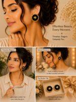 Black Round Bee Motif Stud Earrings for Women | Gold-Tone Scalloped Border Cute Elegant Trendy Fashion Jewellery for Casual, Party & Festive Wear - Image 6