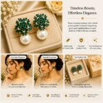 Elegant Green Crystal Pearl Drop Earrings for Women, Sparkling Emerald Green Floral Stud Design with Rhinestone Detailing and Large Pearl Drops, Trendy Statement Fashion Jewellery for Party, Wedding and Festive Wear - Image 6