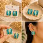 Turquoise Blue Enamel Geometric Stud Earrings for Women Gold-Tone Square Design Elegant Trendy Fashion Jewellery for Casual Party and Festive Wear - Image 6