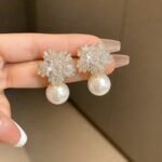Elegant Crystal Pearl Drop Earrings for Women, Sparkling Floral Cluster Design with Clear Rhinestone Details and Large White Pearl Drops, Trendy Statement Fashion Jewellery for Party, Wedding, Festive and Special Occasion Wear