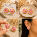Pink Floral Round Stud Earrings with Golden Bee Design for Women | Elegant Statement Fashion Jewellery | Trendy Party, Festive and Casual Wear Earrings - Image 6