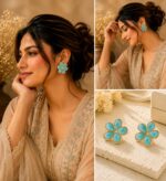 Elegant Aqua Blue Floral Stud Earrings for Women, Gold Tone Five Petal Flower Design with Artistic Swirl Pattern, Stylish Lightweight Fashion Jewellery for Party, Festive, Office and Casual Wear - Image 6