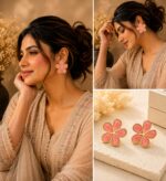Elegant Pink Flower Stud Earrings for Women, Gold Tone Five Petal Floral Earrings with Glossy Enamel Finish, Stylish Fashion Jewellery for Party, Office, Festive and Everyday Wear - Image 6