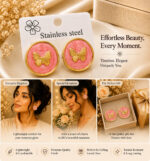 Elegant Pink Butterfly Stud Earrings for Women, Gold Tone Round Earrings with Textured Enamel Finish, Cute Fashion Jewellery for Party, Office, Festive and Everyday Wear - Image 4