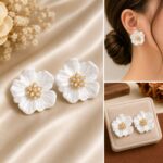 Elegant White Floral Stud Earrings for Women, Beautiful Flower Shaped Design with Pearl and Sparkling Rhinestone Center, Stylish Statement Fashion Jewellery for Party, Wedding, Festive and Special Occasions - Image 6