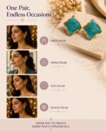 Elegant Teal Blue Enamel Square Stud Earrings for Women, Gold Tone Geometric Statement Design, Stylish Stainless Steel Fashion Jewellery for Party, Office, Festive and Everyday Wear - Image 5