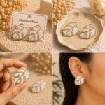 Elegant White Leaf Stud Earrings for Women, Gold Tone Botanical Leaf Design, Stainless Steel Fashion Jewellery, Stylish Statement Earrings for Girls, Party Wear, Festive, Wedding and Everyday Accessories - Image 6