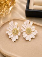 Elegant White Floral Statement Stud Earrings for Women and Girls, Gold Tone Layered Flower Earrings with Intricate Beaded Center and Soft White Enamel Finish, Stylish Jewellery for Party, Wedding, Festive and Everyday Wear