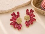 Elegant Maroon Floral Statement Stud Earrings for Women and Girls, Gold Tone Layered Flower Earrings with Intricate Beaded Center and Rich Maroon Enamel Finish, Stylish Jewellery for Party, Wedding, Festive and Everyday Wear