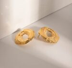 Elegant Gold Tone Textured Open Circle Stud Earrings for Women Ribbed Geometric Statement Jewellery for Party Wedding Festive and Everyday Wear - Image 6