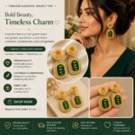 Elegant Green and Golden Drop Earrings for Women, Premium Geometric Design with Green Enamel Detailing, Amber Center Stones and Sparkling Crystal Border, Trendy Statement Fashion Jewellery for Party, Wedding and Festive Wear - Image 7