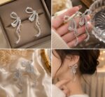 Elegant Silver Bow Crystal Drop Earrings for Women Sparkling Rhinestone Statement Jewellery for Party, Wedding, Festive and Stylish Special Occasion Wear - Image 2