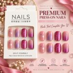 24 Pcs Pink Glitter Press On Nails for Women, Glossy Rose Pink Artificial Nails with Sparkle, Star and Geometric Foil Designs, Trendy DIY Manicure Set for Party, Wedding and Everyday Wear - Image 4