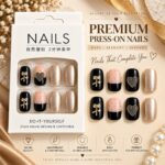 24 Pcs Black Nude Press On Nails for Women, Glossy Artificial Nails with Heart, Bow and Pearl Finish, Elegant DIY Nail Art Set for Parties - Image 3
