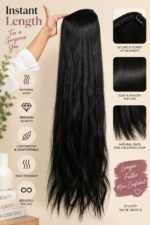 Long Black Straight Hair Extension for Women, Sleek Textured Hairpiece with Braided Top Design, Lightweight Hair Extension for Added Length and Volume, Party, Wedding and Daily Styling - Image 3