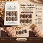 24 Pcs Brown Monogram Style Press On Nails for Women, Glossy Chocolate Brown Artificial Nails with White Floral and Geometric Accent Design, Elegant DIY Nail Art Set - Image 3