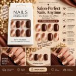 24 Pcs Brown Marble Press On Nails for Women | Nude Coffee Brown Marble Design with Gold Foil Accents | Elegant Glossy Artificial Nails for DIY Manicure - Image 2