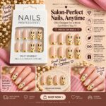 24 Pcs Cute Bunny Press On Nails for Women | Pink Nude Artificial Nails with Gold Tips | Adorable Rabbit Design Glossy DIY Manicure Nail Set - Image 3