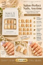 24 Pcs Nude Marble Press On Nails for Women, Beige and Cream Glossy Artificial Nail Set with Golden Marble Veins, Multiple Sizes for DIY Manicure, Party, Wedding and Everyday Wear - Image 2