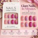 24 Pcs Pink Glitter Press On Nails for Women, Glossy Rose Pink Artificial Nails with Sparkle, Star and Geometric Foil Designs, Trendy DIY Manicure Set for Party, Wedding and Everyday Wear - Image 5