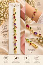 Elegant Gold-Tone Multicolor Gemstone Leaf Vine Bracelet for Women with Ruby Red, Purple and Green Stones, Floral-Inspired Statement Fashion Jewellery for Party, Wedding and Festive Wear - Image 3