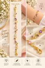 Elegant Gold-Tone Purple and Pink Crystal Leaf Vine Bracelet for Women with Sparkling Gemstone Accents, Floral-Inspired Adjustable Fashion Jewellery for Party, Wedding, Festive and Everyday Wear - Image 3