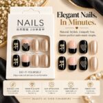 24 Pcs Black Nude Press On Nails for Women, Glossy Artificial Nails with Heart, Bow and Pearl Finish, Elegant DIY Nail Art Set for Parties - Image 4