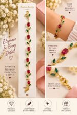 Elegant Gold-Tone Red Ruby Leaf Vine Bracelet for Women with Sparkling Red Gemstones and Green Leaf Accents, Floral-Inspired Statement Fashion Jewellery for Party, Wedding and Festive Wear - Image 4