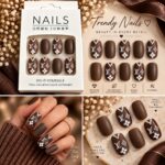 24 Pcs Brown Monogram Style Press On Nails for Women, Glossy Chocolate Brown Artificial Nails with White Floral and Geometric Accent Design, Elegant DIY Nail Art Set - Image 4