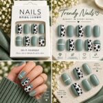 24 Pcs Sage Green Cow Print Press On Nails for Women | Cute Black and White Cow Pattern Artificial Nails | Trendy Glossy DIY Manicure Nail Set - Image 3