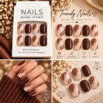 24 Pcs Brown Marble Press On Nails for Women | Nude Coffee Brown Marble Design with Gold Foil Accents | Elegant Glossy Artificial Nails for DIY Manicure - Image 3