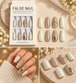 24 Pcs Pearl White Press On Nails for Women, Glitter Nude Accent False Nails with Gold Embellishment Design, Long Coffin Style Artificial Nails for Party, Wedding and Festive Manicure - Image 3