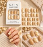 24 Pcs Nude Marble Press On Nails for Women, Beige and Cream Glossy Artificial Nail Set with Golden Marble Veins, Multiple Sizes for DIY Manicure, Party, Wedding and Everyday Wear - Image 3